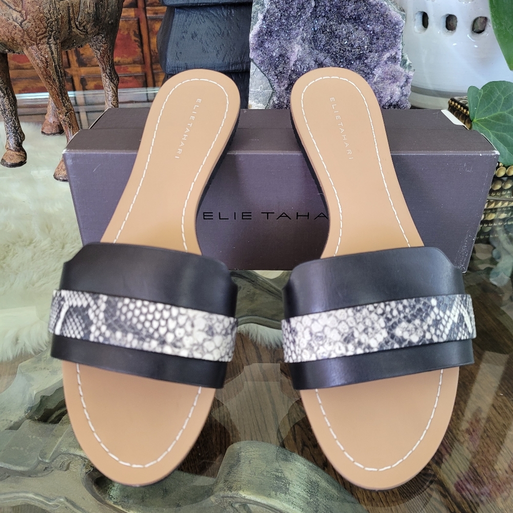 Elie Tahari women's El-Negril black/white leather slide sandal size 10 US/EU 40